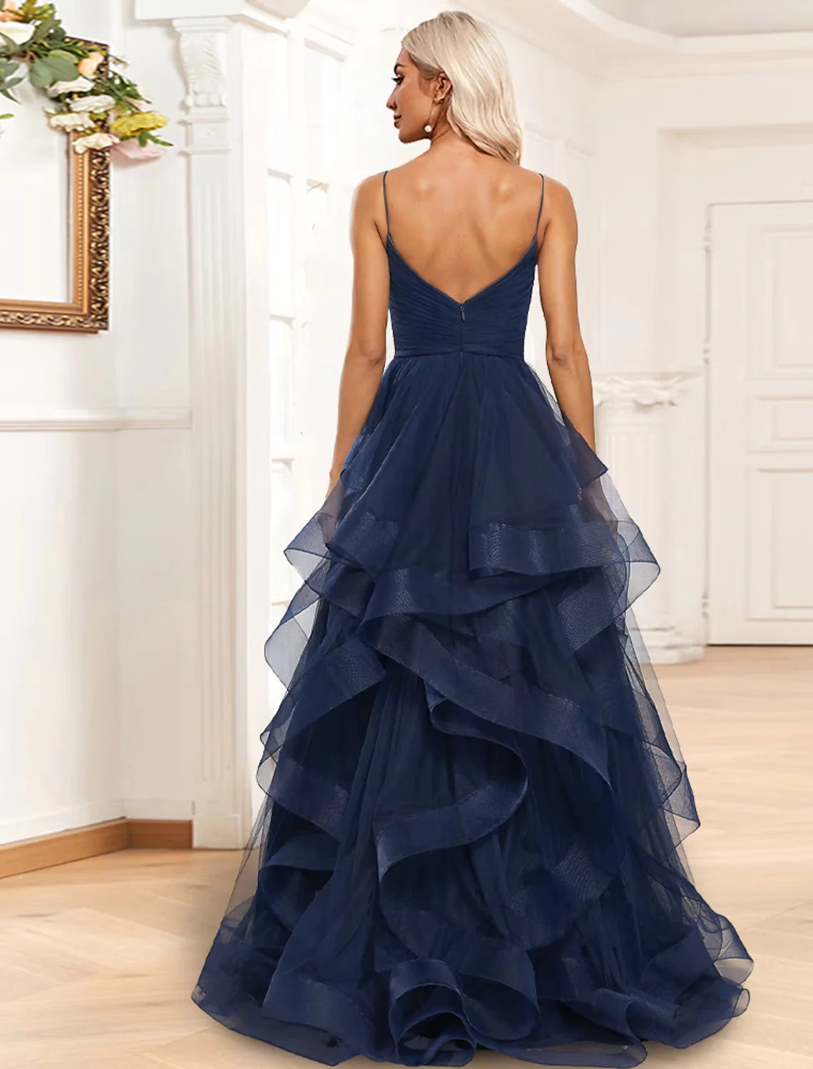 A-Line Evening Gown Tiered Dress Formal Sweep / Brush Train Sleeveless Spaghetti Strap Organza with Ruched Ruffles Slit