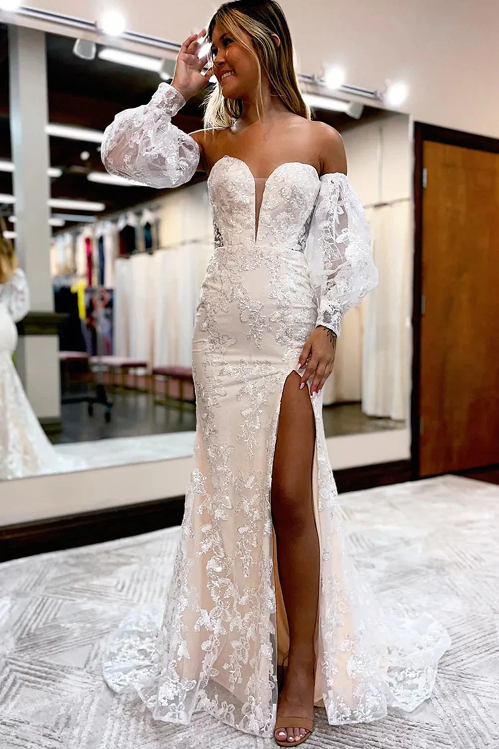 Detachable Sleeves Sweetheart Lace Long Prom Dress With Slit