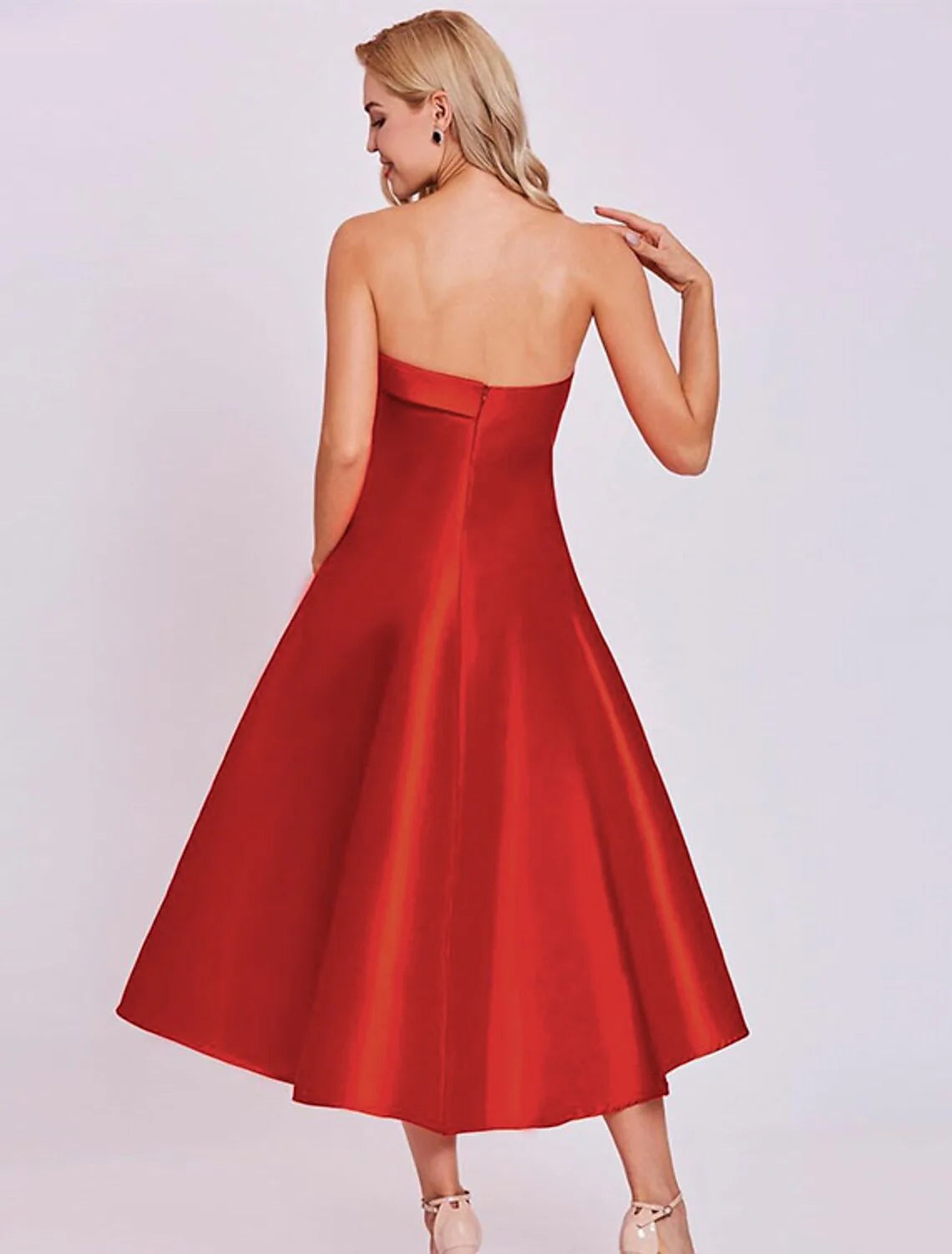 Cocktail Dresses Minimalist Dress Homecoming Tea Length Sleeveless Strapless Satin with Sleek