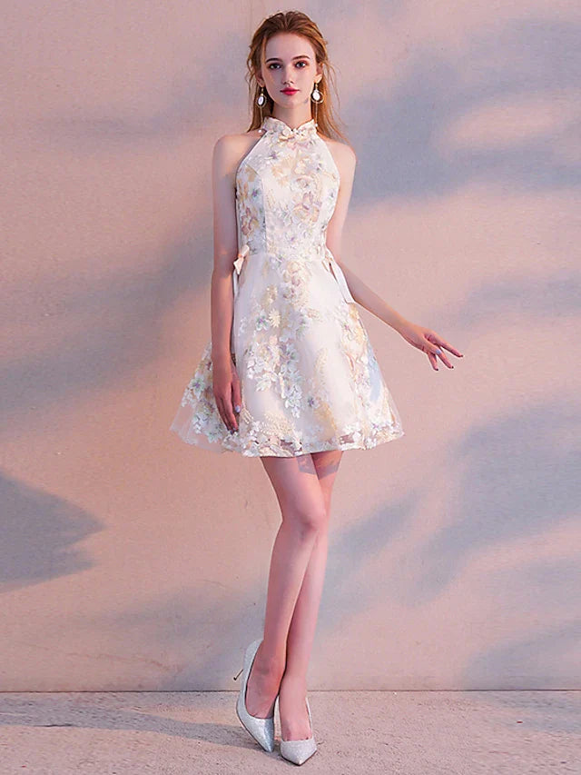 Cocktail Party Dress High Neck Long Sleeve Short Mini Tulle with Sash Ribbon Embroidery