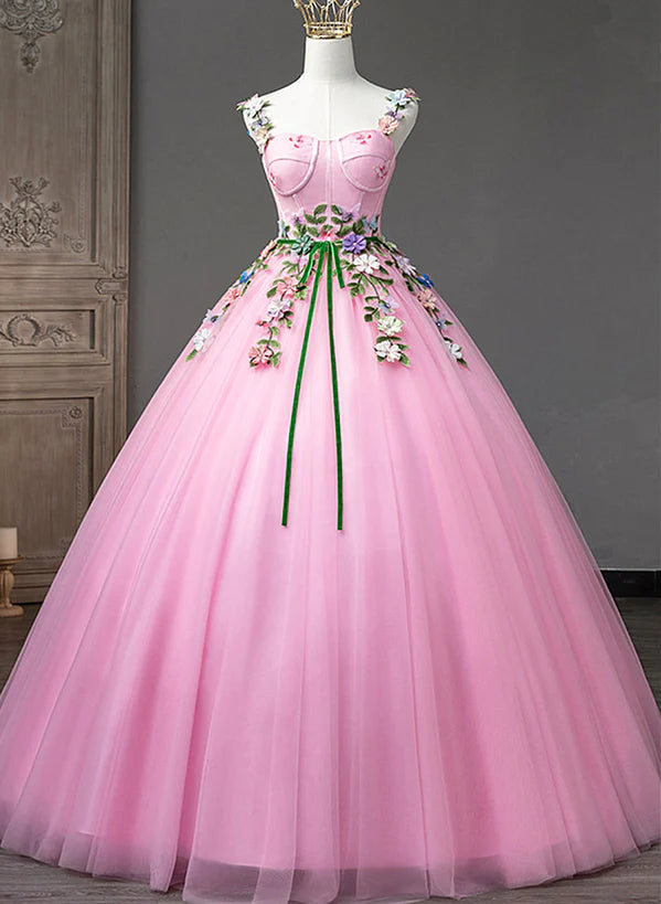 Pink Straps Tulle Sweetheart Ball Gown with Flowers