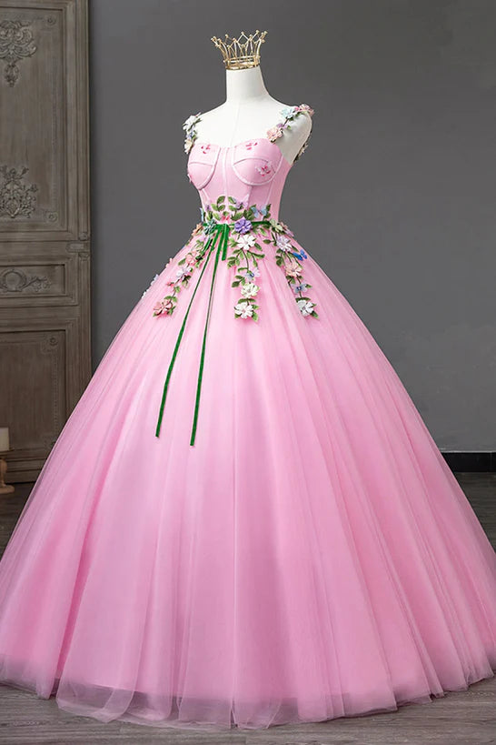 Pink Straps Tulle Sweetheart Ball Gown with Flowers