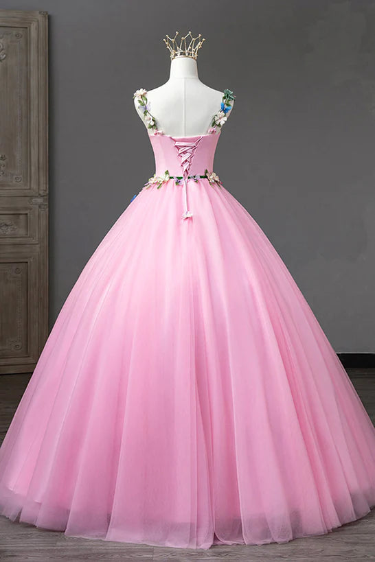 Pink Straps Tulle Sweetheart Ball Gown with Flowers