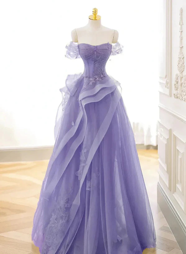 Purple Sweetheart Off Shoulder Tulle Long Party Prom Dress