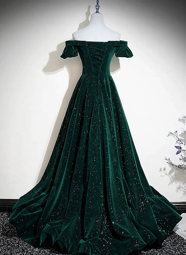 Dark Green Velvet Off Shoulder Long Party Prom Dress