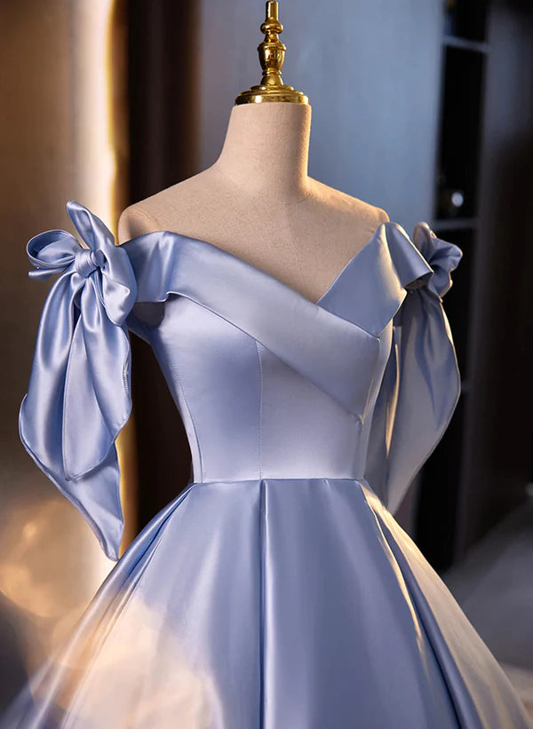 Blue Satin Ball Gown Off Shoulder Long Party Prom Dress