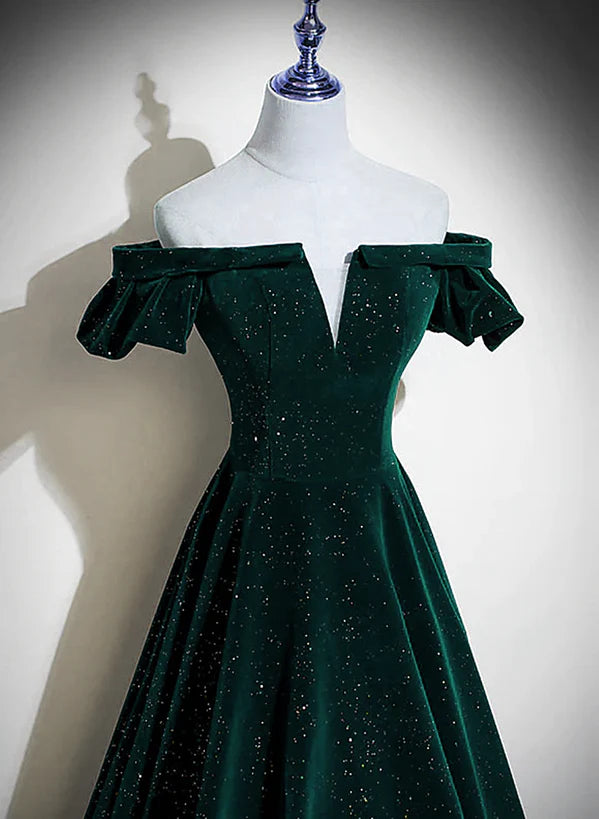 Dark Green Velvet Off Shoulder Long Party Prom Dress