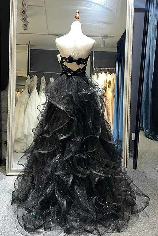 Black Sweetheart Tulle Layers Long Party Prom Dress