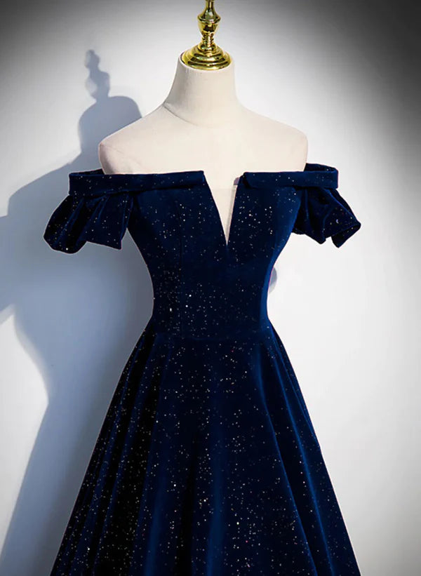 A-line Simple Navy Blue Velvet Off Shoulder Prom Dress