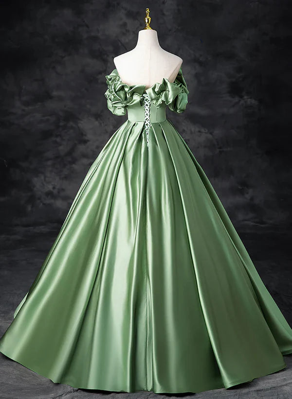 A-line Green Satin Off Shoulder Long Prom Dress
