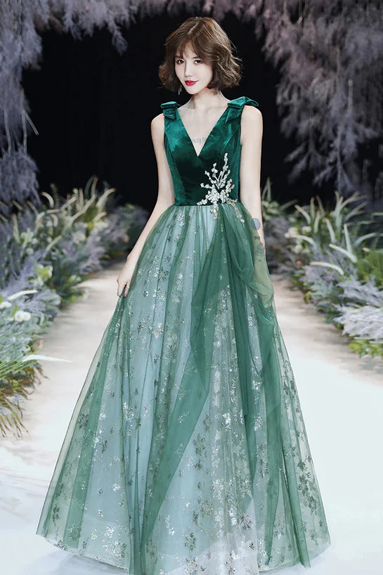 Dark Green A-line Tulle Long Evening Dress Prom Dress