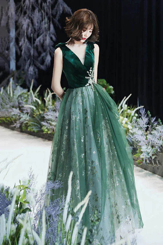 Dark Green A-line Tulle Long Evening Dress Prom Dress