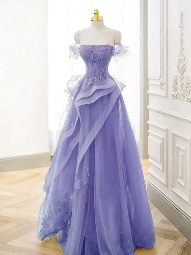 Purple Sweetheart Off Shoulder Tulle Long Party Prom Dress