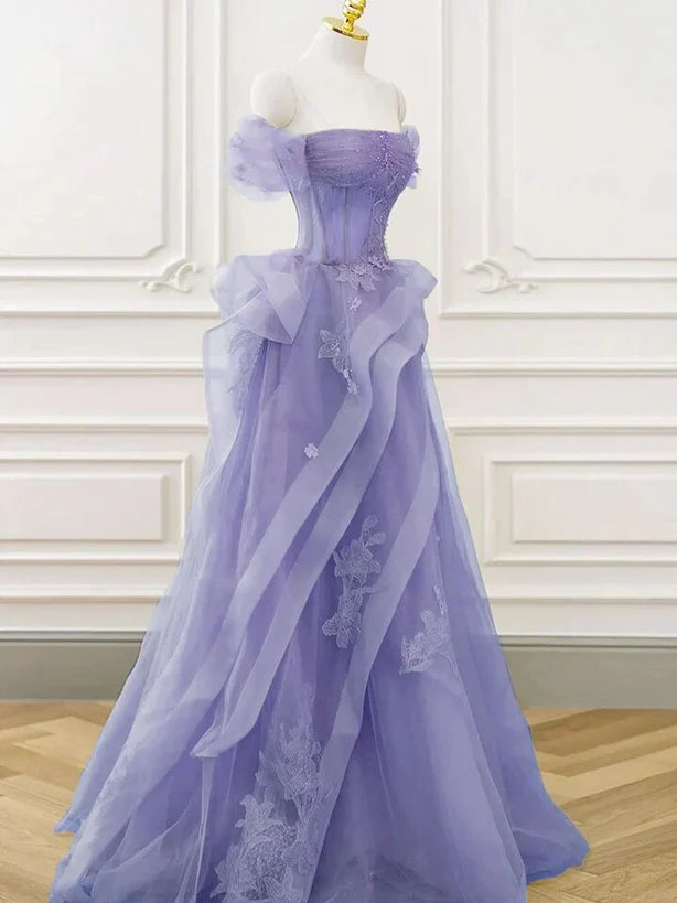 Purple Sweetheart Off Shoulder Tulle Long Party Prom Dress