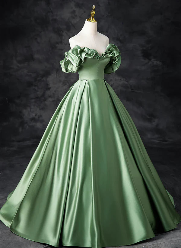 A-line Green Satin Off Shoulder Long Prom Dress