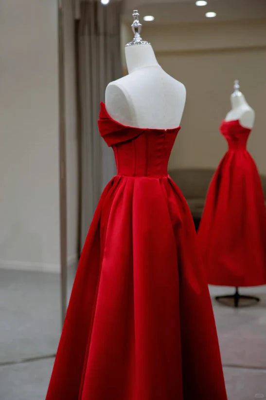 Red A-line Satin Scoop Long Prom Dress Party Dress