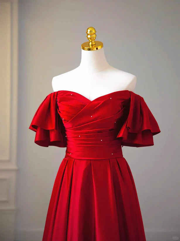 Wine Red Satin Short Sleeves Long Party Prom Dress