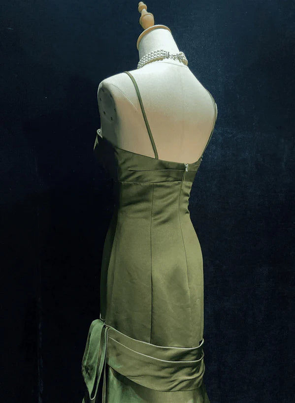 Green Satin Sweetheart Straps Long Evening Prom Dress
