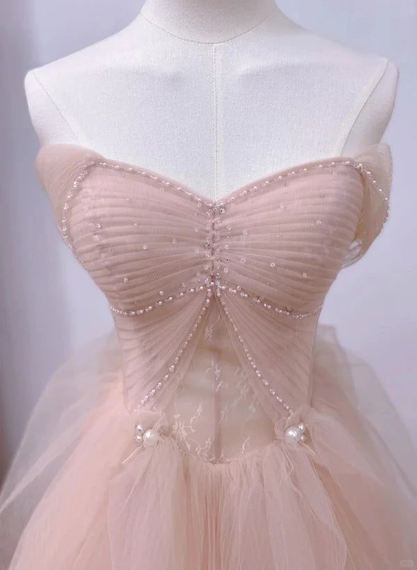Pink A-line Tulle Beaded Off Shoulder Long Party Prom Dress