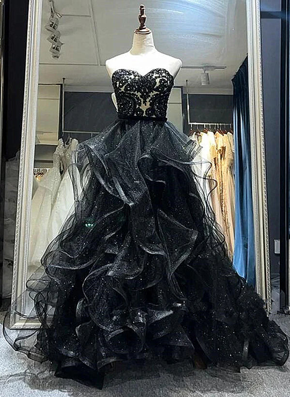 Black Sweetheart Tulle Layers Long Party Prom Dress