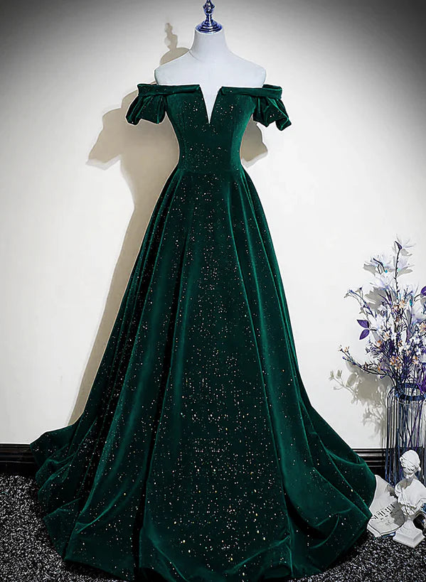 Dark Green Velvet Off Shoulder Long Party Prom Dress