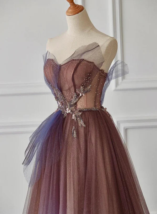 A-line Purple Gradient Tulle Beaded Long Party Prom Dress