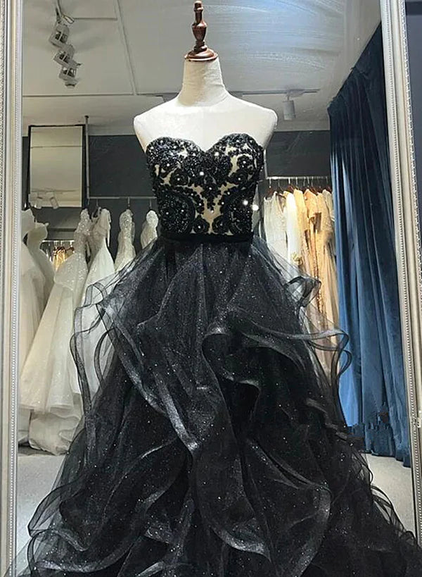 Black Sweetheart Tulle Layers Long Party Prom Dress