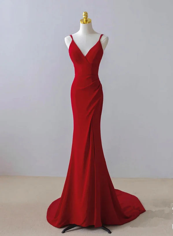 Pretty Red Mermaid Straps Long Evening Prom Dress with Leg Slit