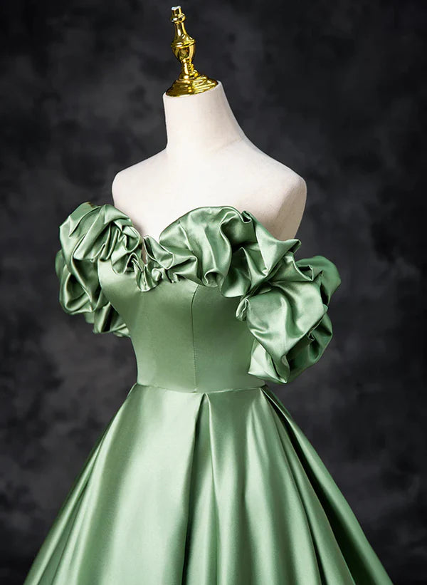 A-line Green Satin Off Shoulder Long Prom Dress