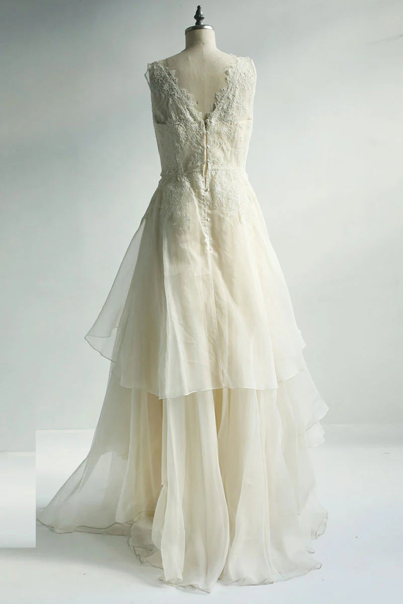 ivory round neck lace chiffon long prom Wedding Dresses