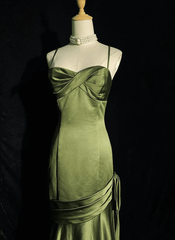 Green Satin Sweetheart Straps Long Evening Prom Dress