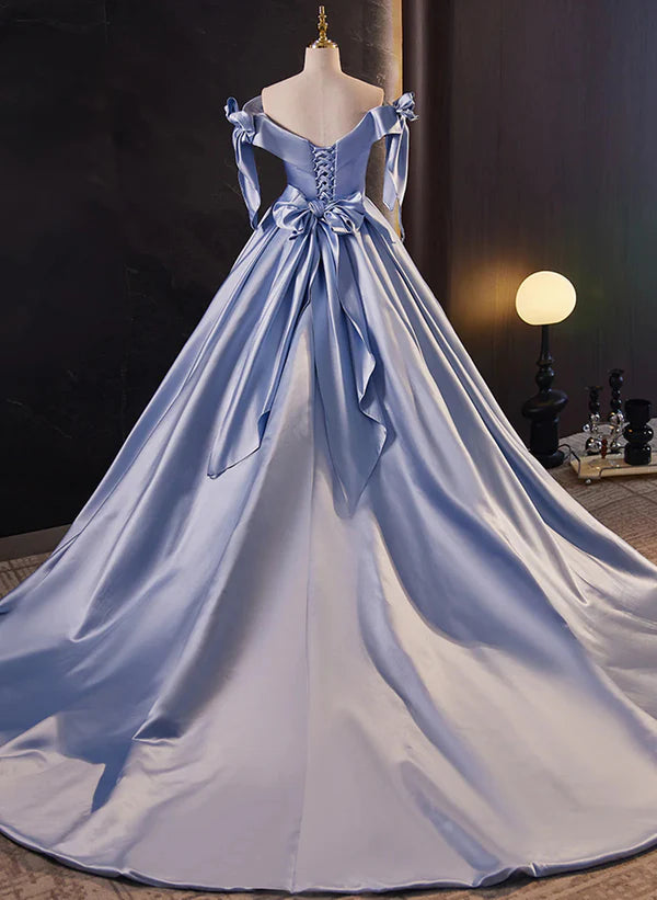 Blue Satin Ball Gown Off Shoulder Long Party Prom Dress