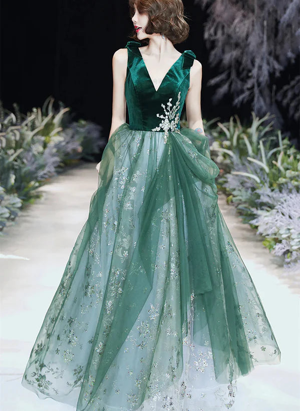 Dark Green A-line Tulle Long Evening Dress Prom Dress