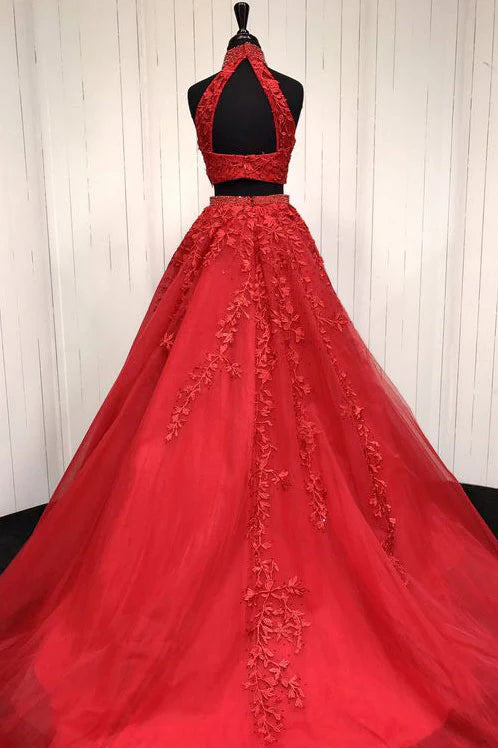 Red two pieces tulle lace applique long prom Wedding Dresses