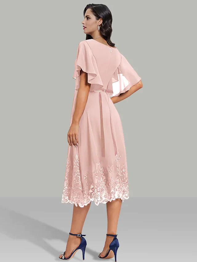 A-Line Wedding Guest Dresses Elegant Dress Cocktail Party Tea Length Short Sleeve V Neck Belt / Sash Chiffon