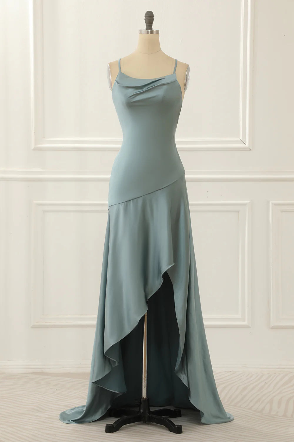 Grey Green Spaghetti Straps Satin High-Low Prom Dress