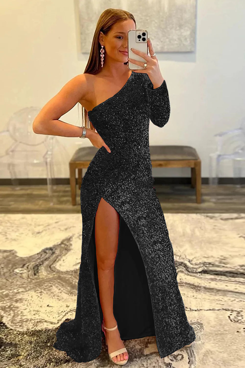 Mermaid Glitter One-Shoulder Single Sleeve Prom Dress With Sequins