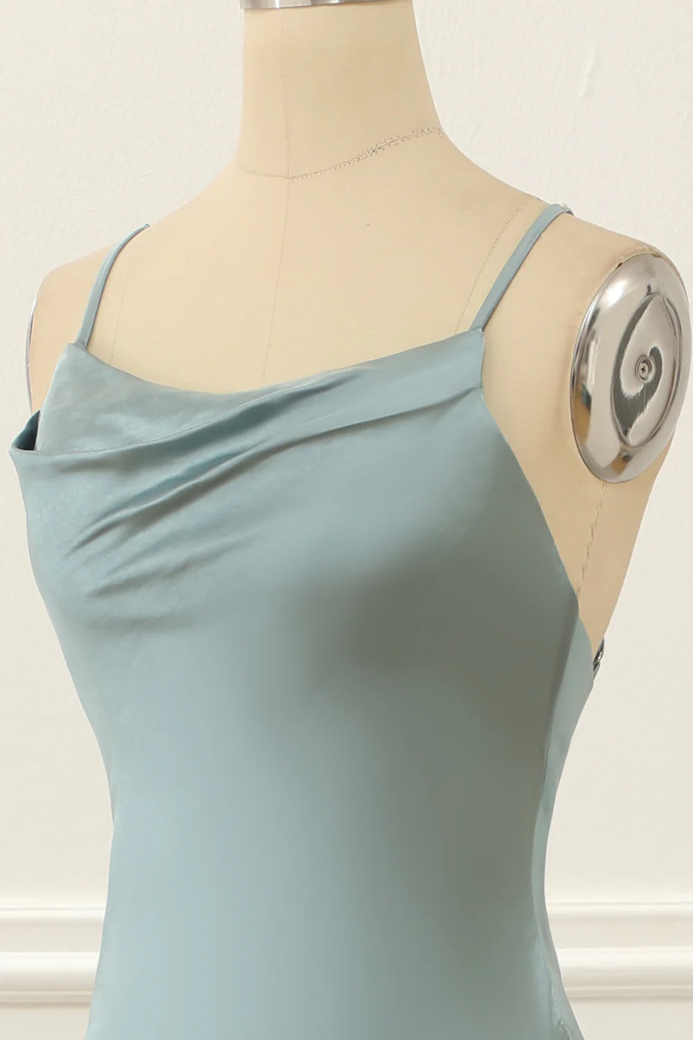 Grey Green Spaghetti Straps Satin High-Low Prom Dress
