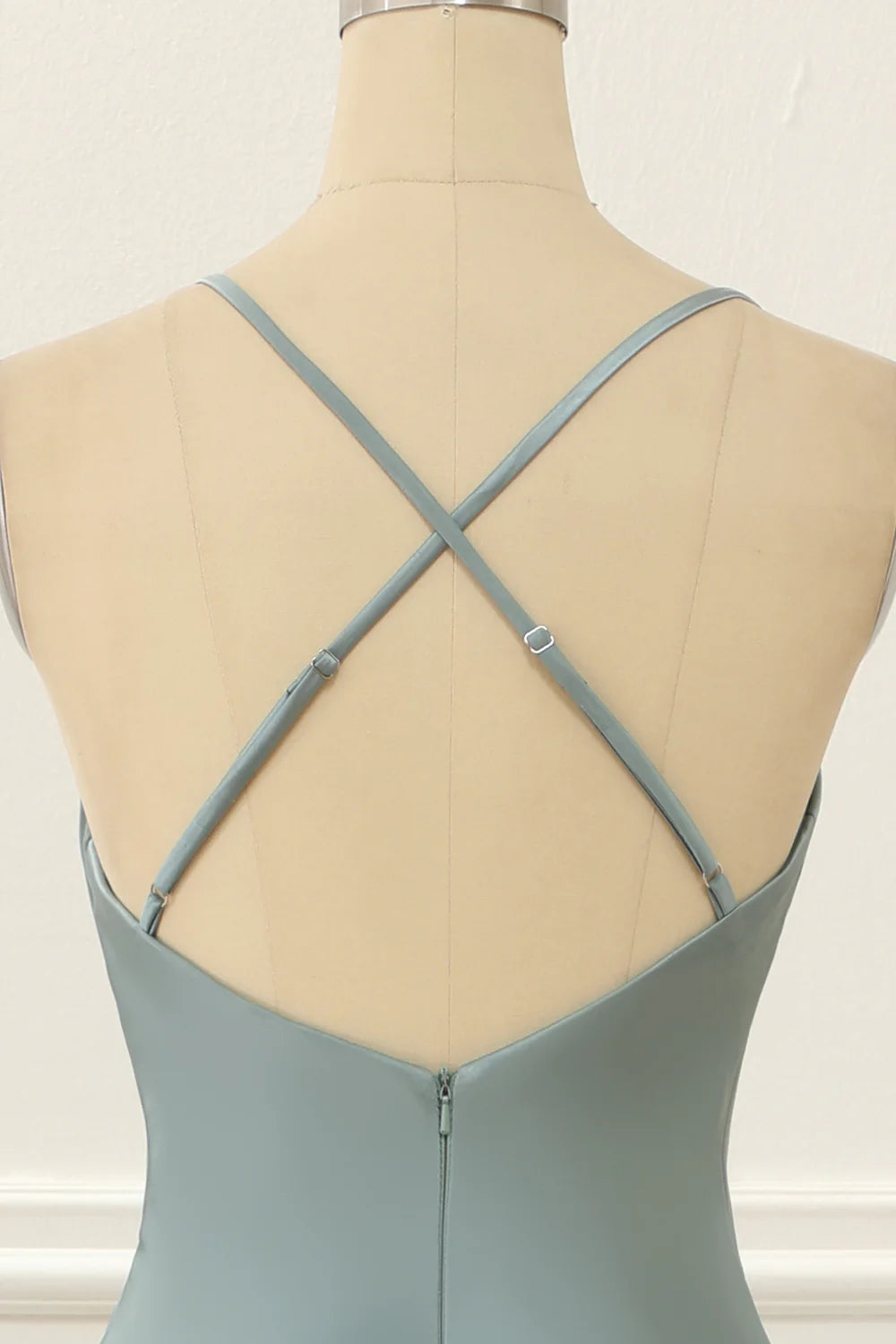 Grey Green Spaghetti Straps Satin High-Low Prom Dress