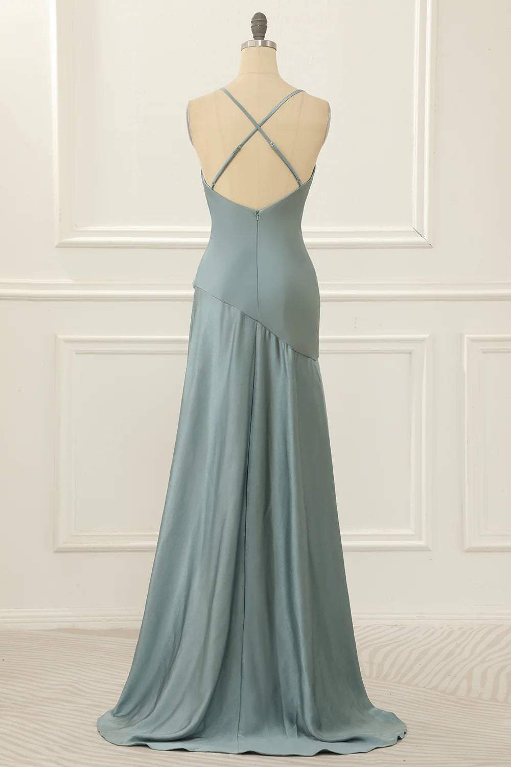Grey Green Spaghetti Straps Satin High-Low Prom Dress
