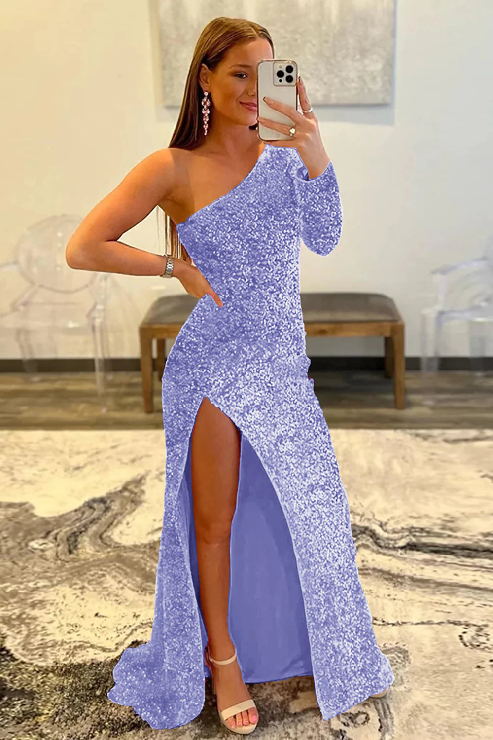 Mermaid Glitter One-Shoulder Single Sleeve Prom Dress With Sequins