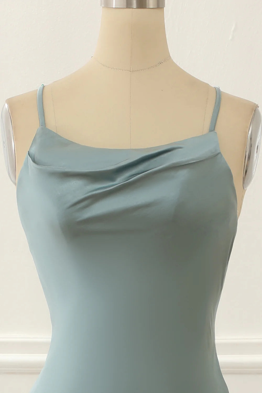 Grey Green Spaghetti Straps Satin High-Low Prom Dress