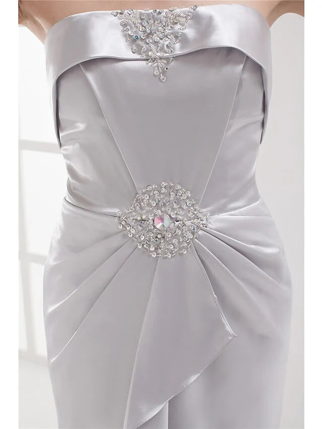 Cocktail Party Dress Strapless Sleeveless Knee Length Stretch Satin with Beading