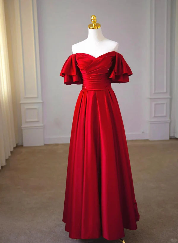 Wine Red Satin Short Sleeves Long Party Prom Dress