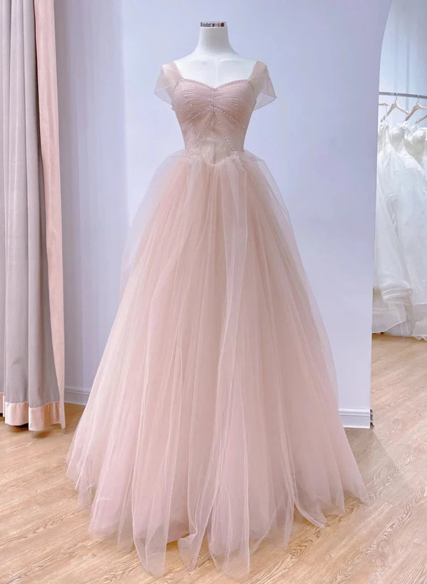 Pink A-line Tulle Beaded Off Shoulder Long Party Prom Dress