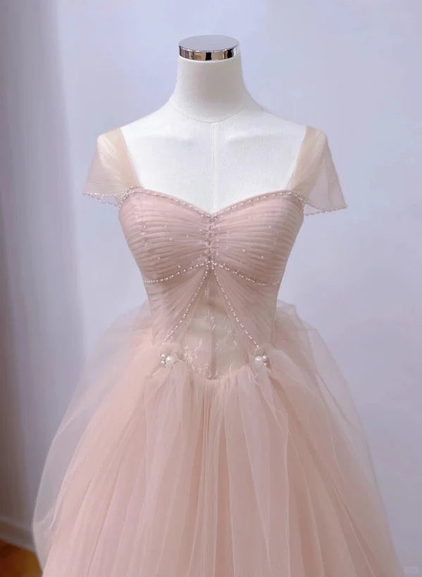 Pink A-line Tulle Beaded Off Shoulder Long Party Prom Dress