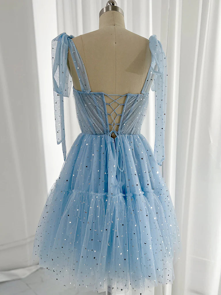 A-Line Sweetheart Neck Tulle Blue Short Homecoming Dresses