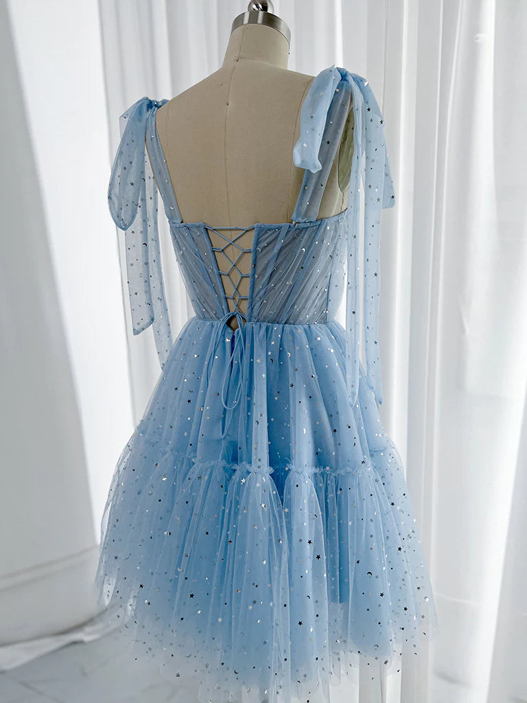 A-Line Sweetheart Neck Tulle Blue Short Homecoming Dresses
