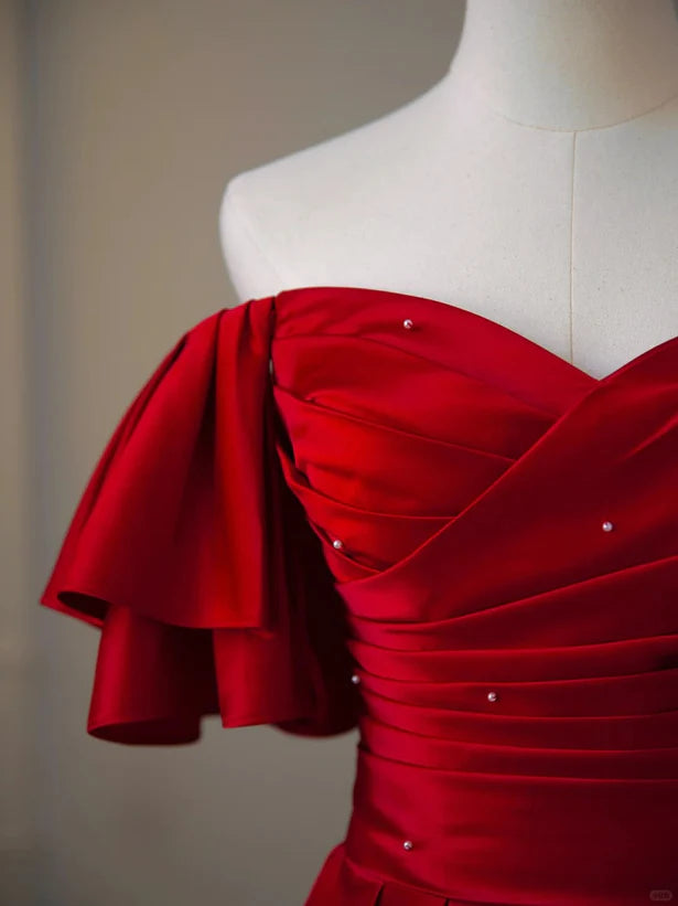 Wine Red Satin Short Sleeves Long Party Prom Dress
