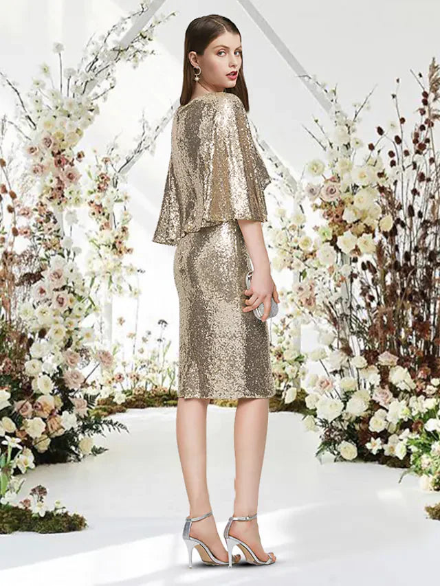 Cocktail Party Dress V Neck Half Sleeve Knee Length Sequined with Sleek